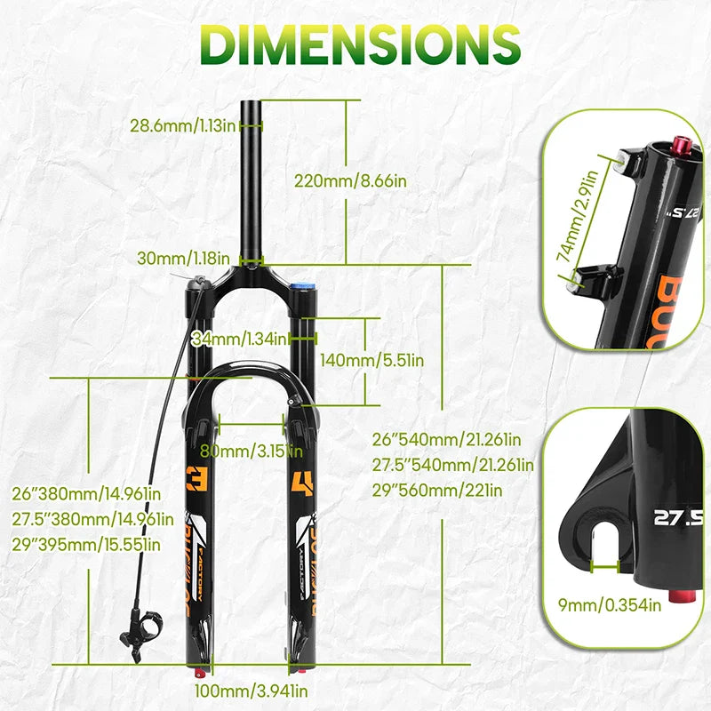 MTB Air Suspension Fork 140mm Travel (5.5in) - 26/27.5/29-inch Wheels - 9x100mm QR Axle - 34mm Stanchion, 28.6mm Steerer