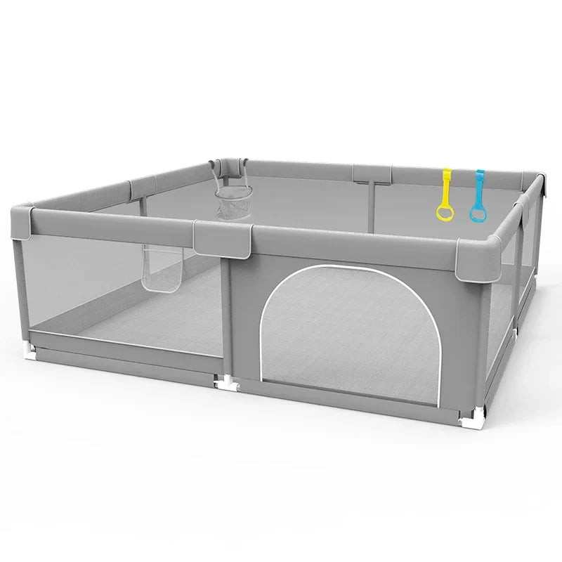 Light Gray Baby Playpen with Pull Ring - Play Yard & Ball Pit Safety Fence for Toddlers