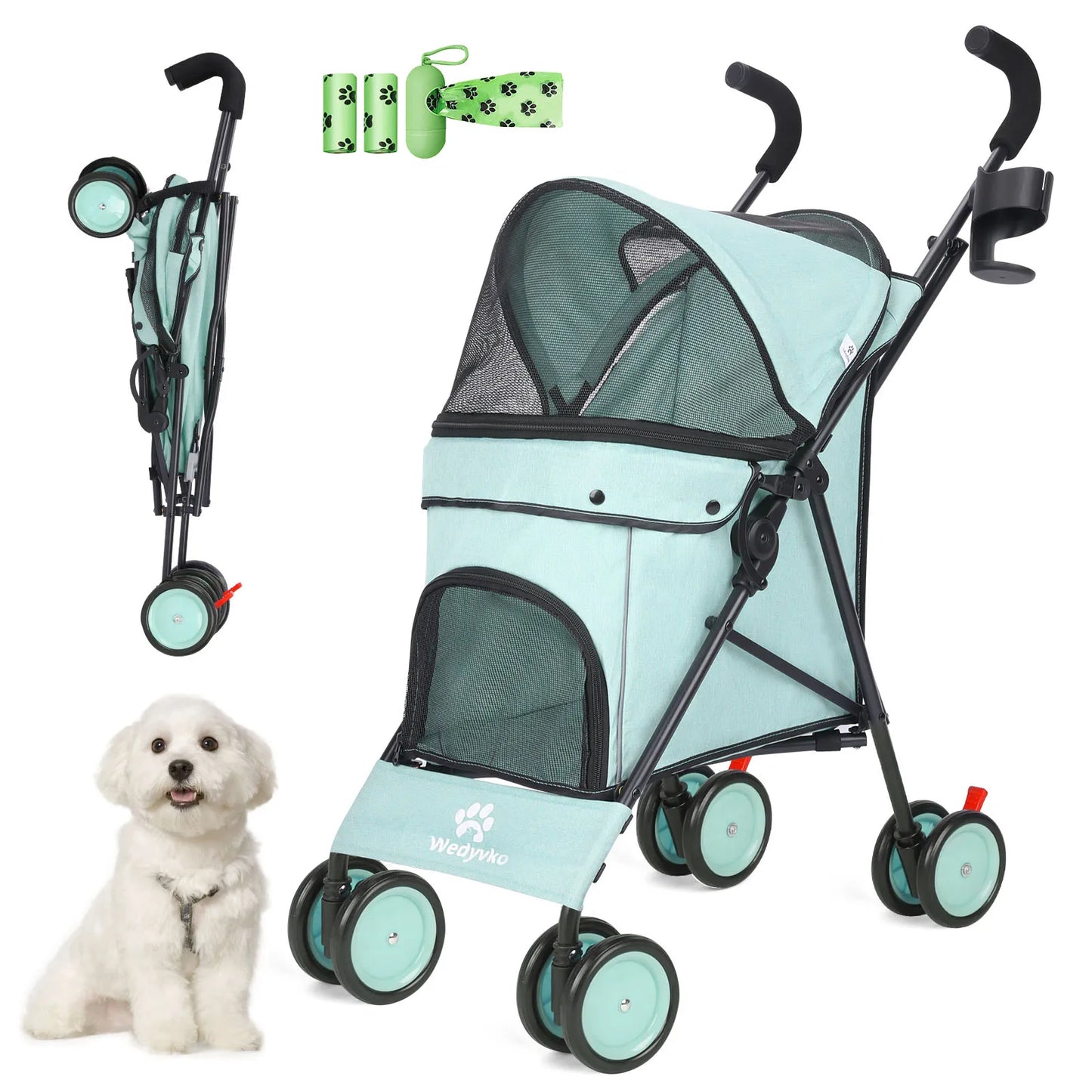 4-Wheel Pet Stroller for Dogs & Cats with Rotating Front Wheels, Brakes and Storage for Travel & Outdoor