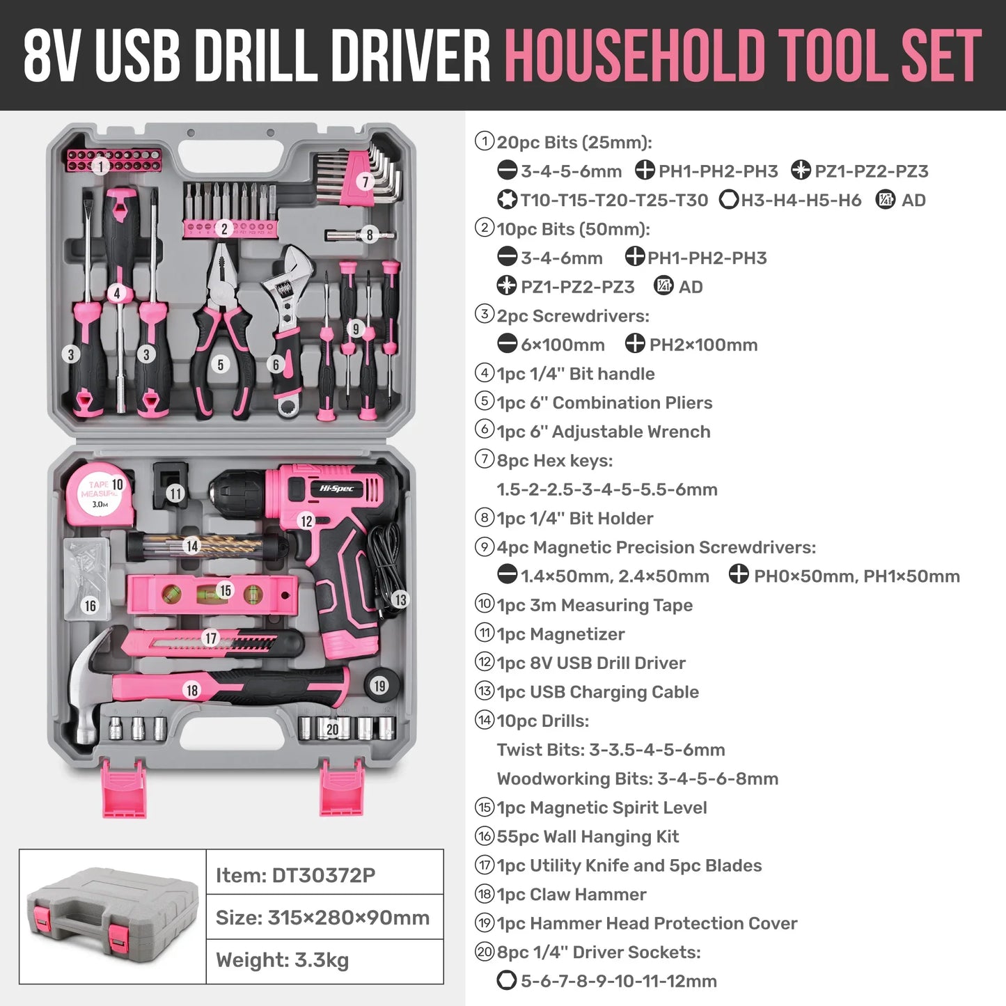 133-Piece Pink Power Tool Set with 8V Lithium Cordless Drill, Magnetic Precision Bits & 3-Tier Toolbox