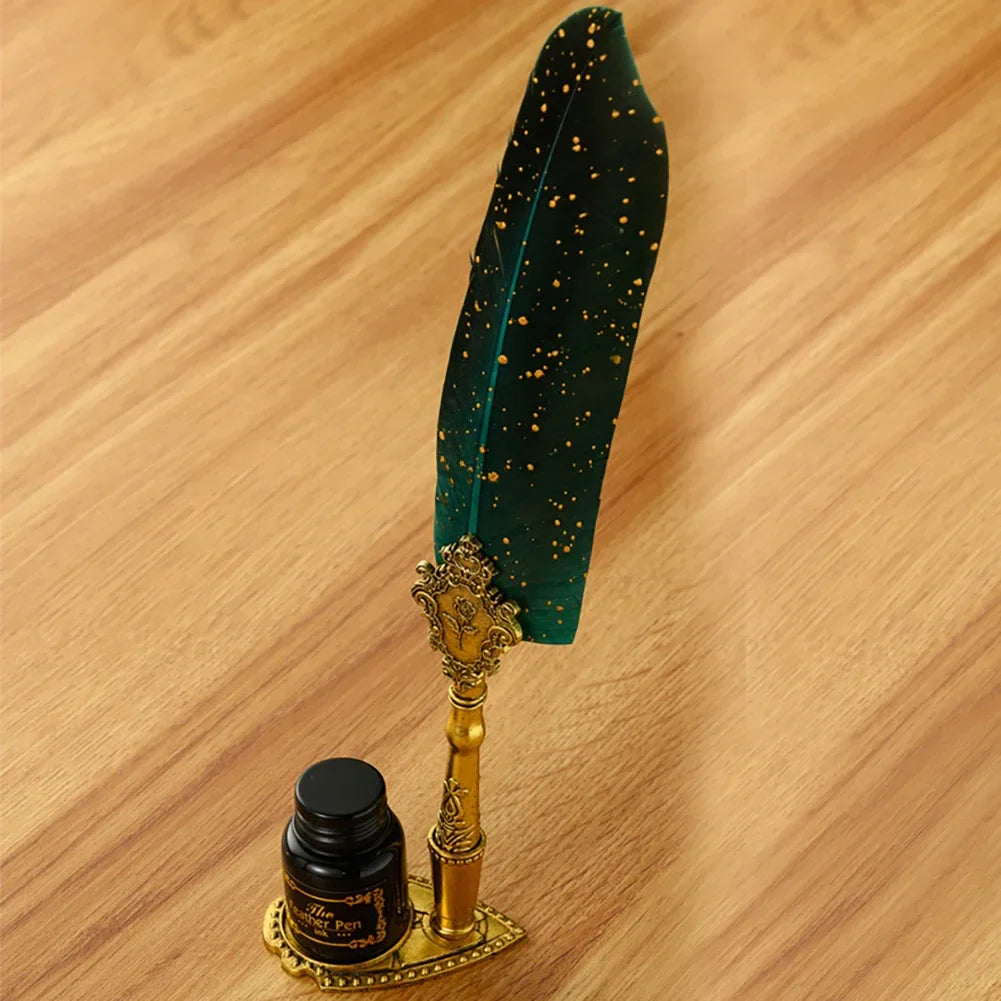 Retro Feather Dip Pen Calligraphy Set with Ink, 5 Nibs & Wax Seal Kit – Quill Writing Set for Stationery, Crafts & Gifts