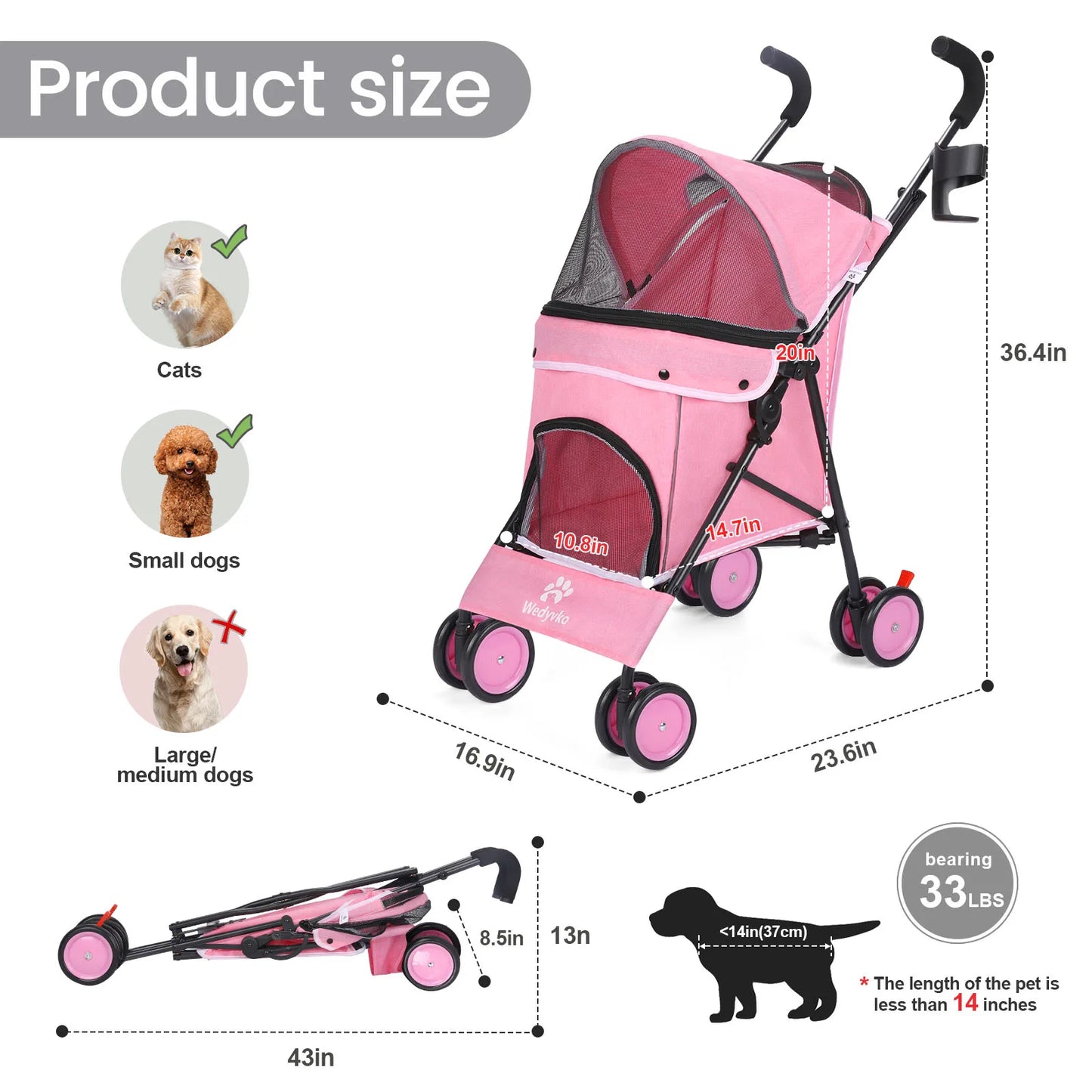 4-Wheel Pet Stroller for Dogs & Cats with Rotating Front Wheels, Brakes and Storage for Travel & Outdoor