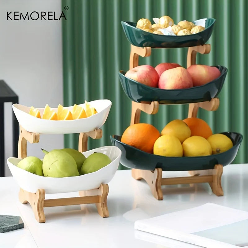2/3-Tier Wooden Fruit Stand - Modern Snack & Candy Tray, Dried Fruit Basket and Cake Stand
