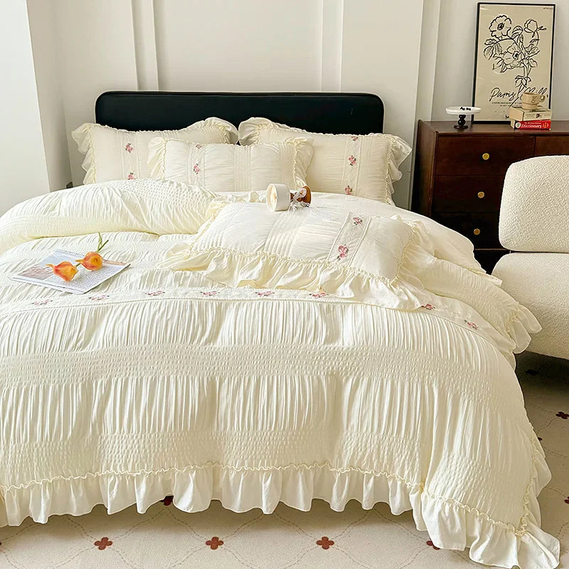 Princess Lace Ruffle Washed Cotton Duvet Cover Set - Seersucker Soft Bedding, 3/4-Piece (Single, Queen, King)