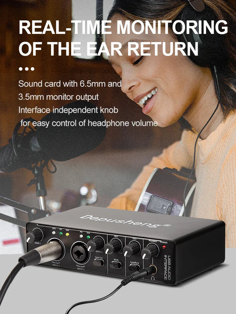 USB Audio Interface 2-In/2-Out with 48V Phantom Power — Low-Latency Recording & Live Monitoring for Guitar, Vocals, Podcasting