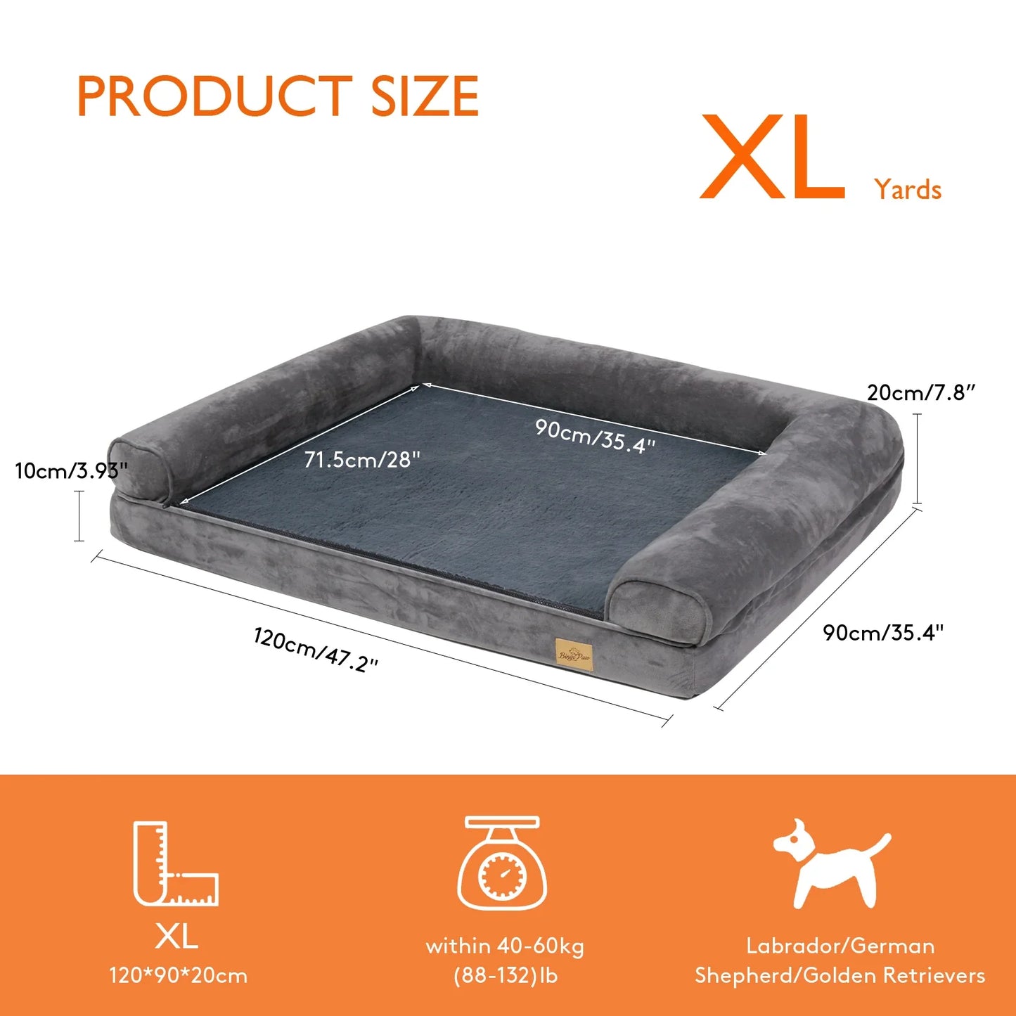 Orthopedic Dog Bed – Foam Pet Mattress Sofa with Bolster, Removable Washable Cover, Waterproof Liner (Sizes M-L-XL-2XL)