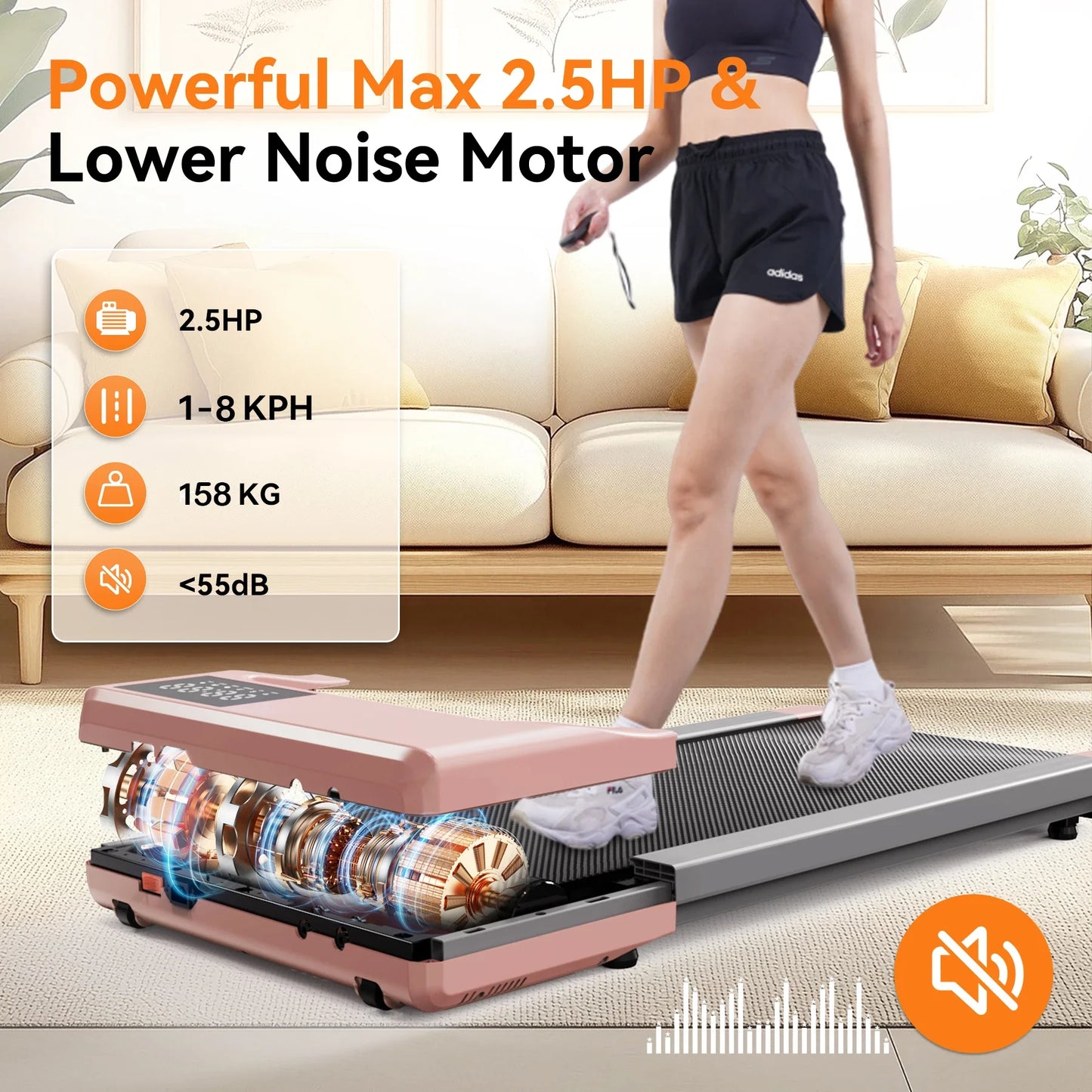 Under-Desk Treadmill Walking Pad — Quiet 2.5HP Electric Treadmill with App & Remote, LCD Display, Portable Low-Profile for Home Office and Light Jogging
