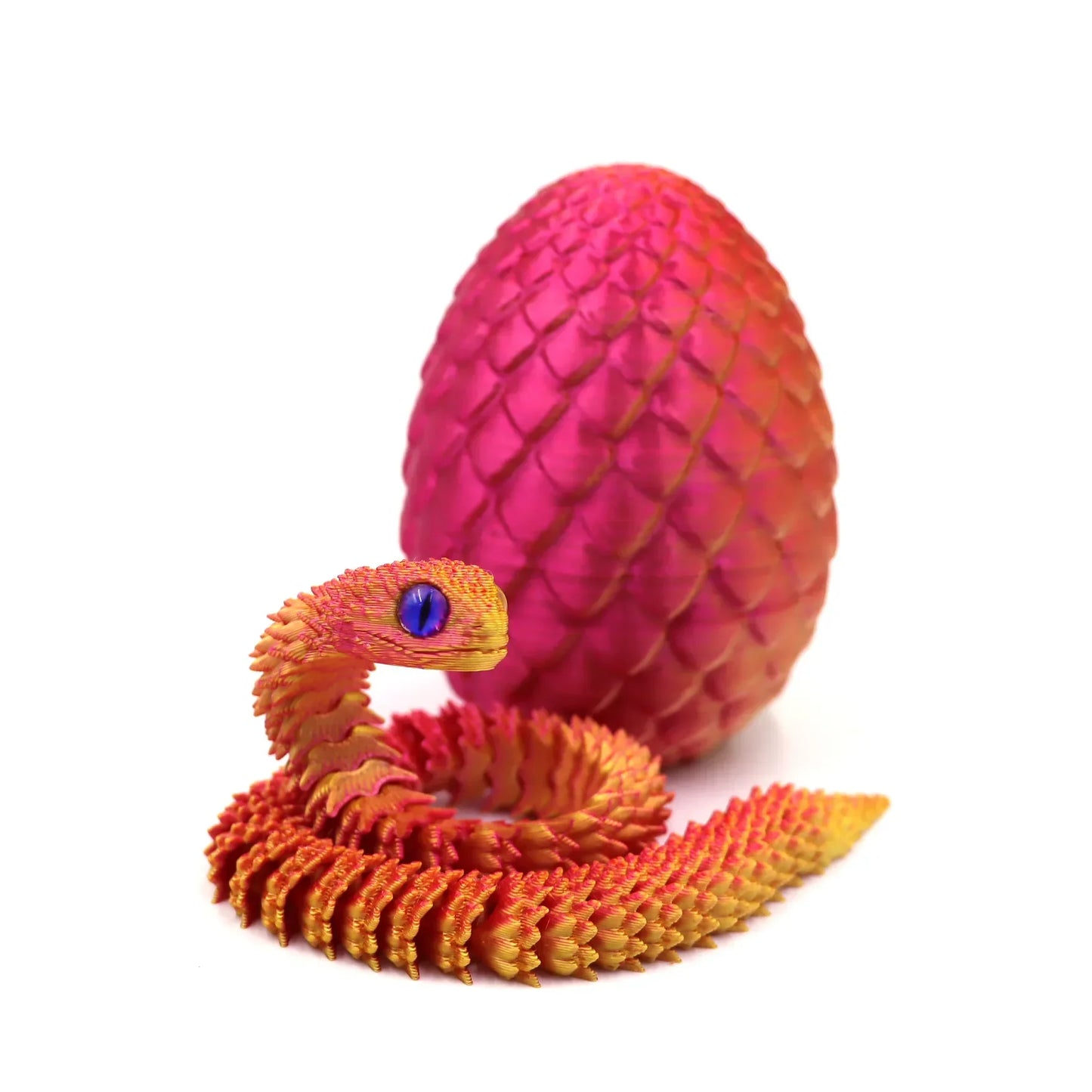 3D Printed Articulated Snake & Dragon Egg (22 cm / 8.7 in snake, 8 cm / 3.1 in egg) — Movable Joint Desktop Ornament, Fidget Toy & Anime Collectible