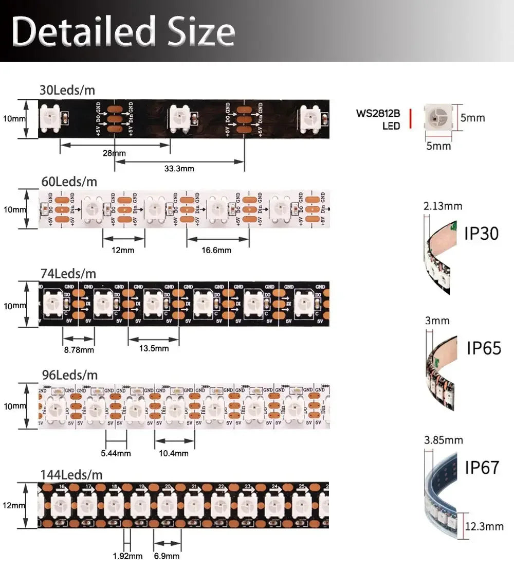 5V Addressable RGB LED Strip Light - 30/60/74/96/144 LEDs per Meter, 5050 SMD, IP30/IP65/IP67