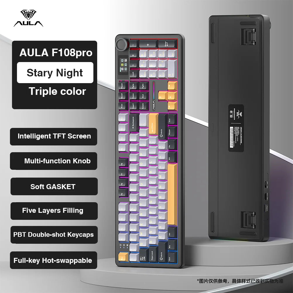 Wireless Bluetooth Mechanical Keyboard 108-Key — Gasket Mount, Hot-Swappable Full-Size with TFT Smart Display, RGB (USB-C, 2.4G, Bluetooth)