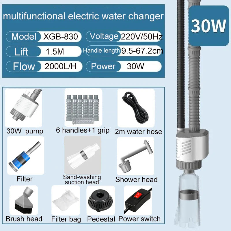 Aquarium Water Change Pump 30W Electric Fish Tank Gravel Cleaner Siphon Filter 220–240V