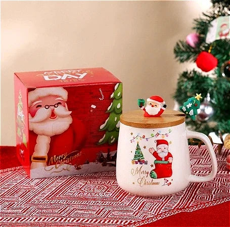 Christmas Tree Ceramic Mug with Lid and Spoon, Holiday Coffee & Tea Gift