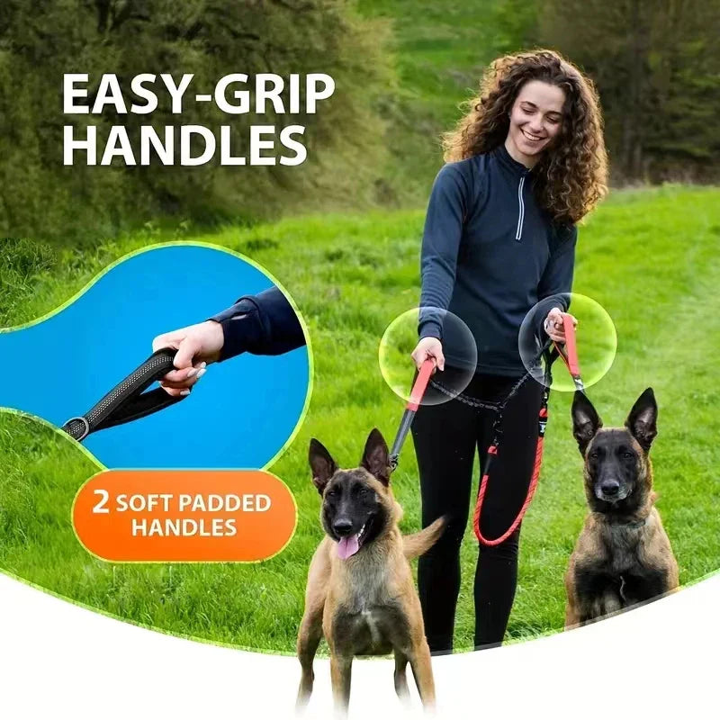 Dual Dog Leash Coupler – Padded No-Tangle Bungee Leash with 360° Swivel, Reflective & Shock-Absorbing