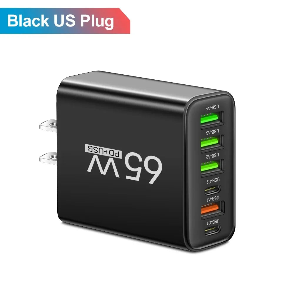 65W 6-Port USB Charger (2x USB-C + 4x USB-A) QC3.0 Fast Charge Travel Wall Adapter for Smartphones