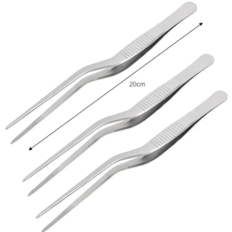 Stainless Steel Kitchen Tweezers & BBQ Tongs, Portable Food Clips — 1 or 3-Pack (14/16/20 cm | 5.5/6.3/7.9 in)