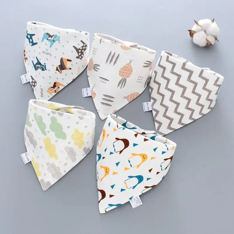 5-Pack Cotton Bandana Bibs – Waterproof Absorbent Baby Triangle Scarves, Cartoon Unisex Bibs