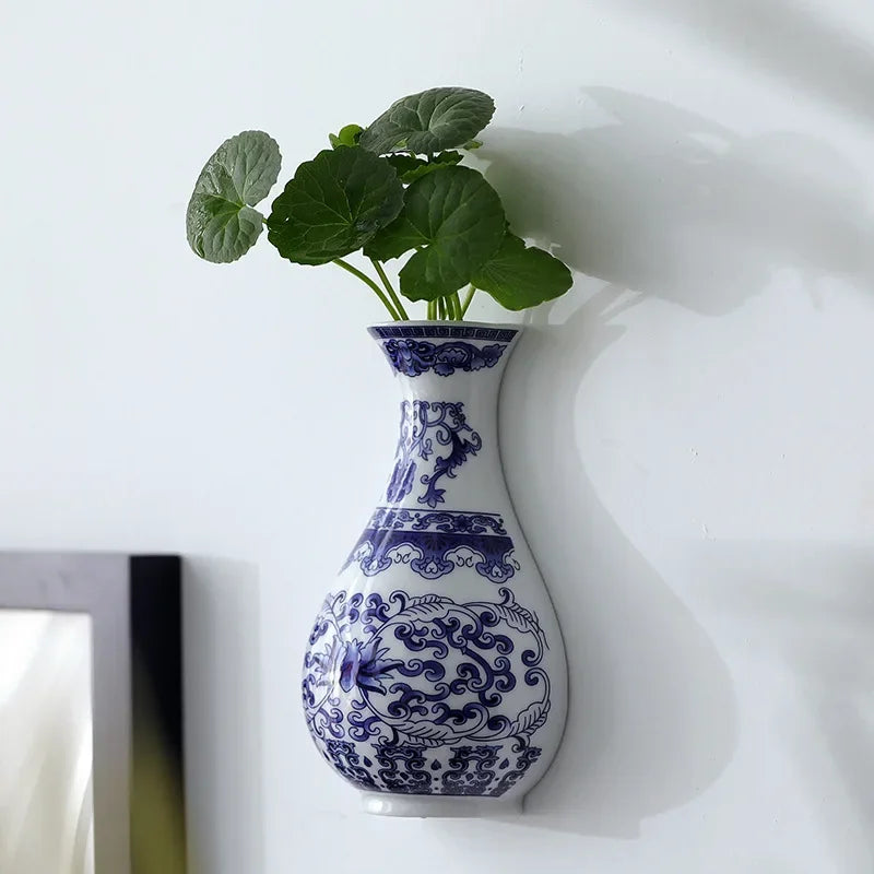 Antique Blue and White Porcelain Wall-Hanging Vase Ceramic Flower Container for Lucky Bamboo and Living Room Decor
