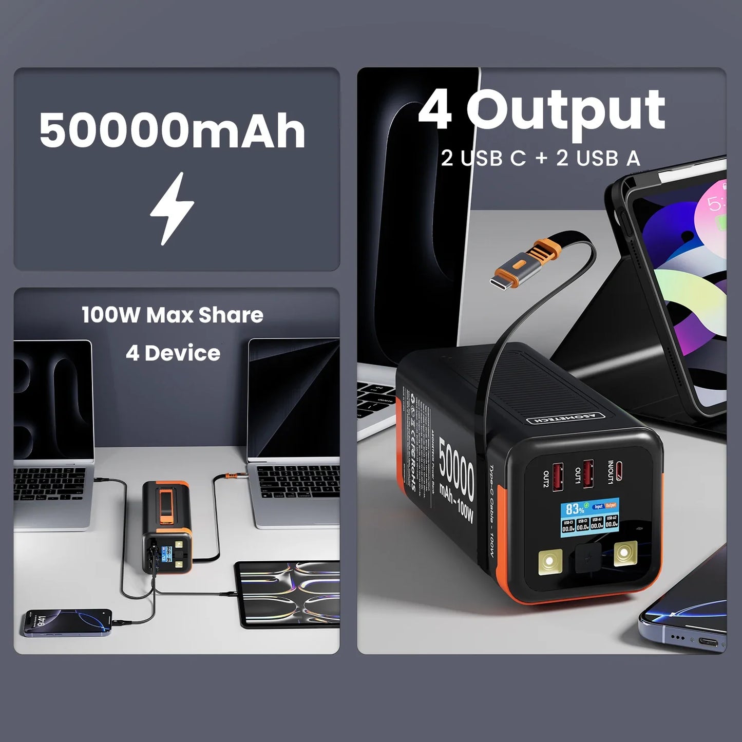 50,000mAh 100W Portable Power Bank with Retractable USB-C Cable – PD PPS Fast Charging for Phones & Laptops