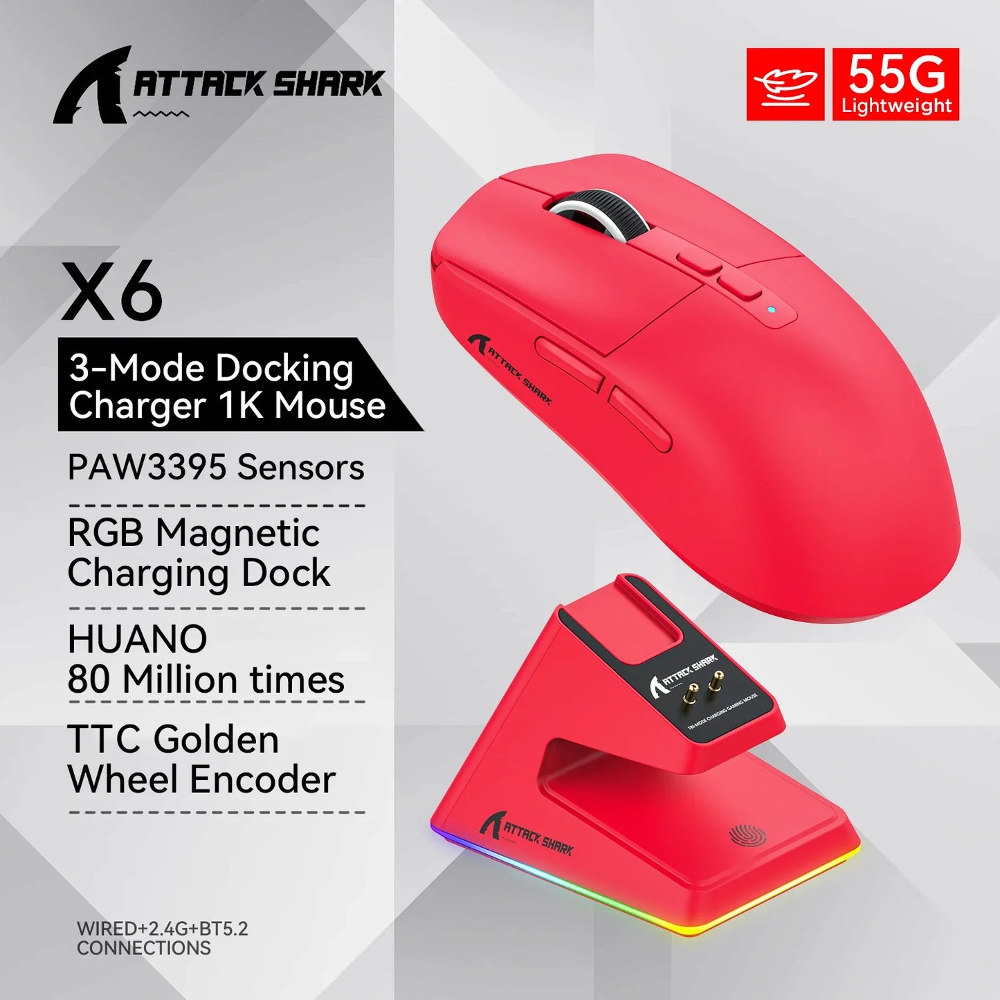 Lightweight Wireless Gaming Mouse 55g – Up to 26,000 DPI RGB Backlight, Charging Dock, 3-Mode Wired/2.4G/BT5.2 for Laptop & Desktop