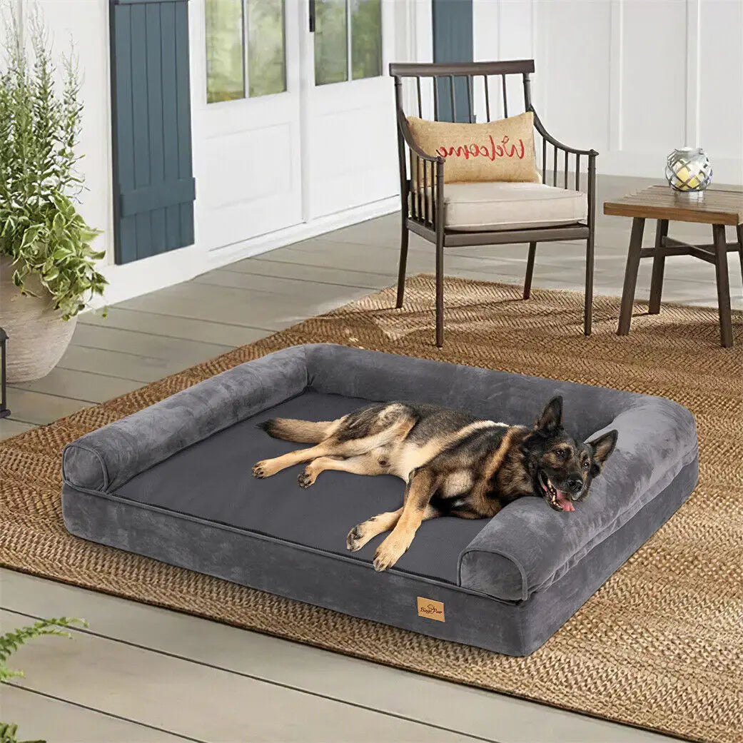 Orthopedic Dog Bed – Foam Pet Mattress Sofa with Bolster, Removable Washable Cover, Waterproof Liner (Sizes M-L-XL-2XL)