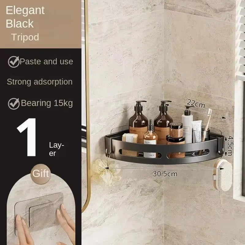 3/2/1-Pack No-Drill Adhesive Corner Shower Caddy – Wall-Mounted Bathroom Shelf for Shampoo & Towels, Space Aluminum & Plastic, Black