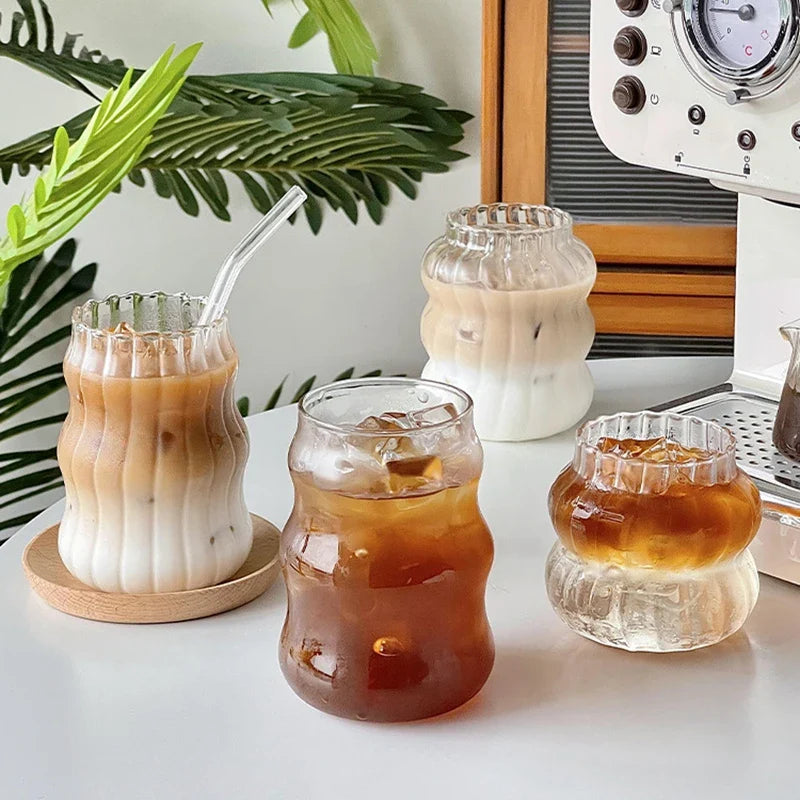 Vertical Striped Clear Glass Cup - Aesthetic Drinkware for Milk Tea, Coffee & Juice