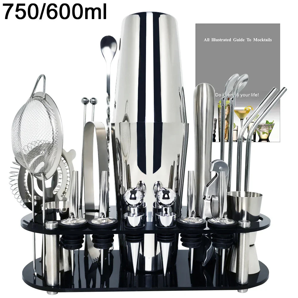 13-22 Pc Boston Cocktail Bar Tool Set – Stainless Steel Shakers 750ml/600ml with Acrylic Holder