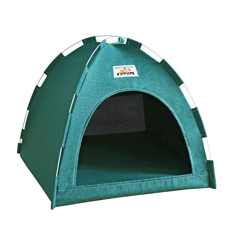 Foldable Cat & Small Dog Tent Bed — Portable Breathable Plush Pet House with Summer Cooling Mat