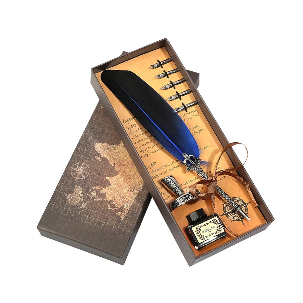 Retro Feather Dip Pen Calligraphy Set with Ink, 5 Nibs & Wax Seal Kit – Quill Writing Set for Stationery, Crafts & Gifts