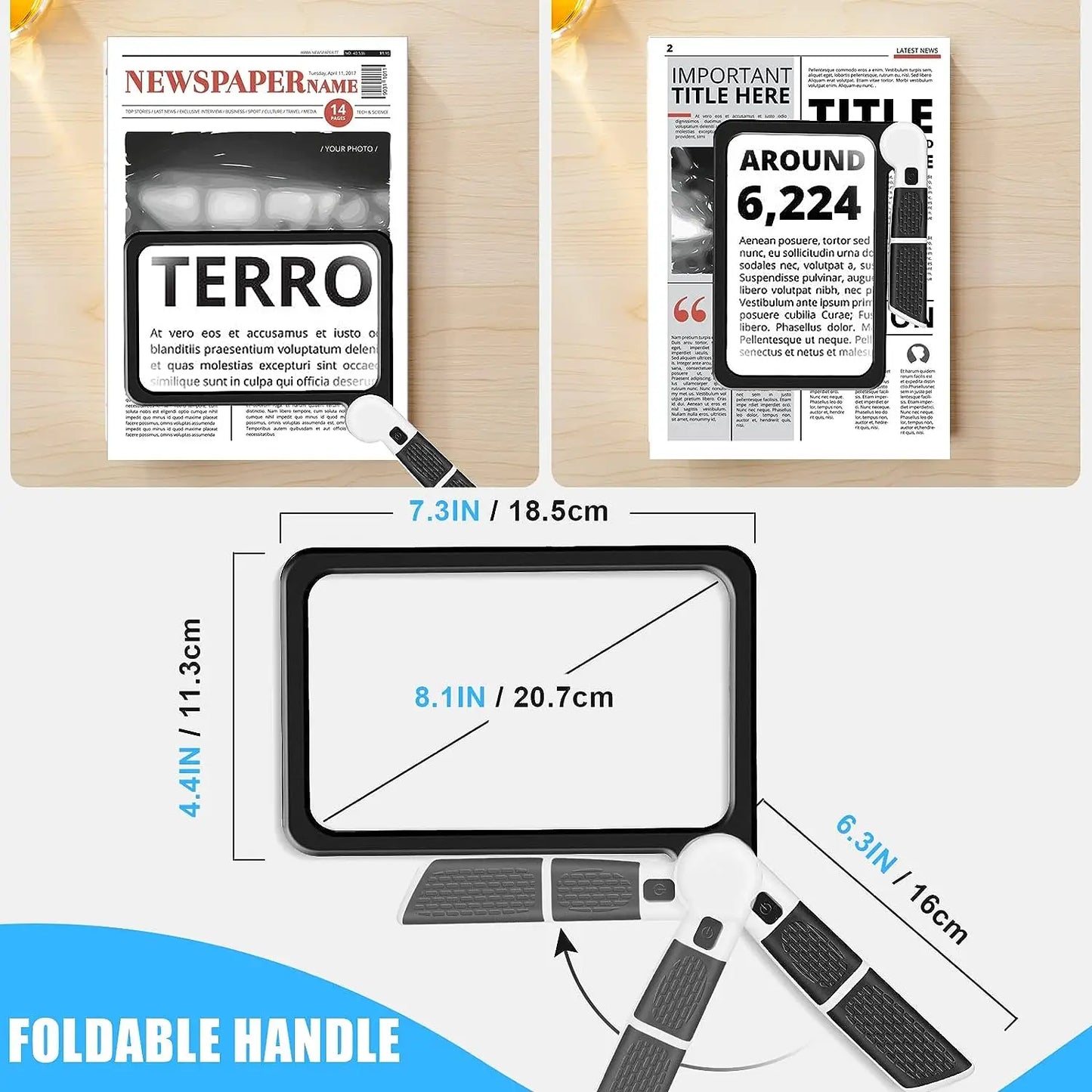 5X Rectangular Reading Magnifier 7.3 x 4.4 in (18.5 x 11.2 cm) – 48 LED Dimmable Light, Foldable Handheld for Seniors & Low Vision