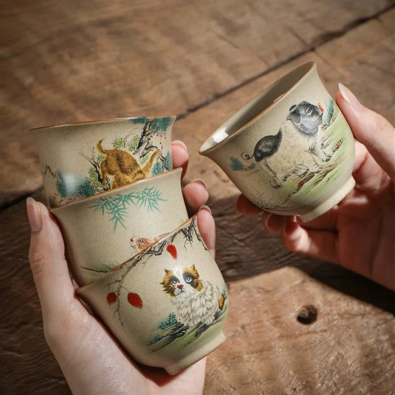 Handmade Zodiac Ceramic Teacup 110ml (3.7 fl oz) Vintage Pottery Tea Bowl for Meditation & Gongfu Tea