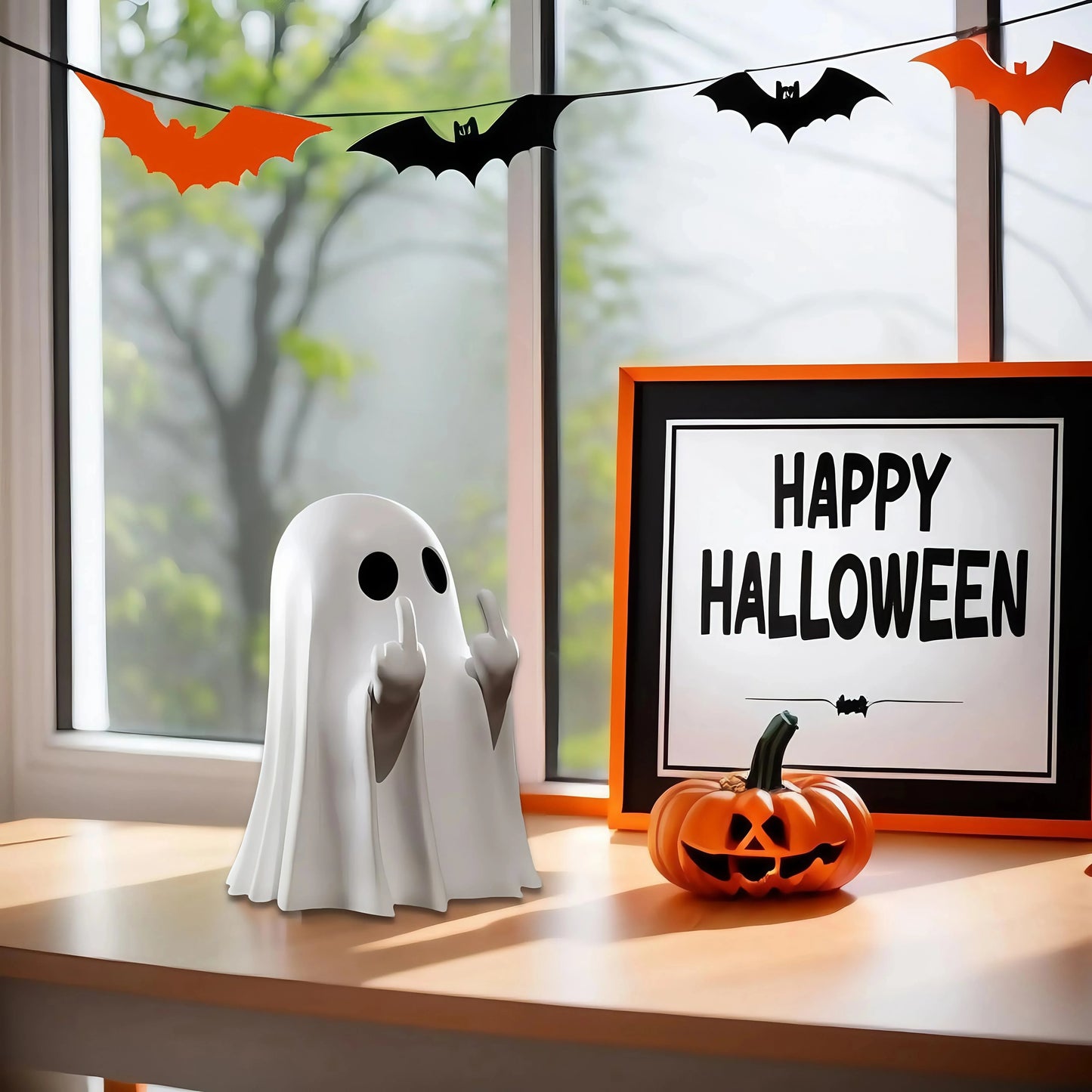 Funny Middle Finger Ghost Statue - Small Rude Ghost Figurine for Halloween Coffee Table and Shelf Decor