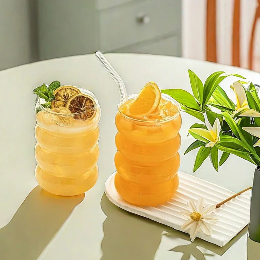 4-Piece Ribbed Borosilicate Glass Cups with Straws – Clear Drinkware Set for Coffee, Cocktails & Juice