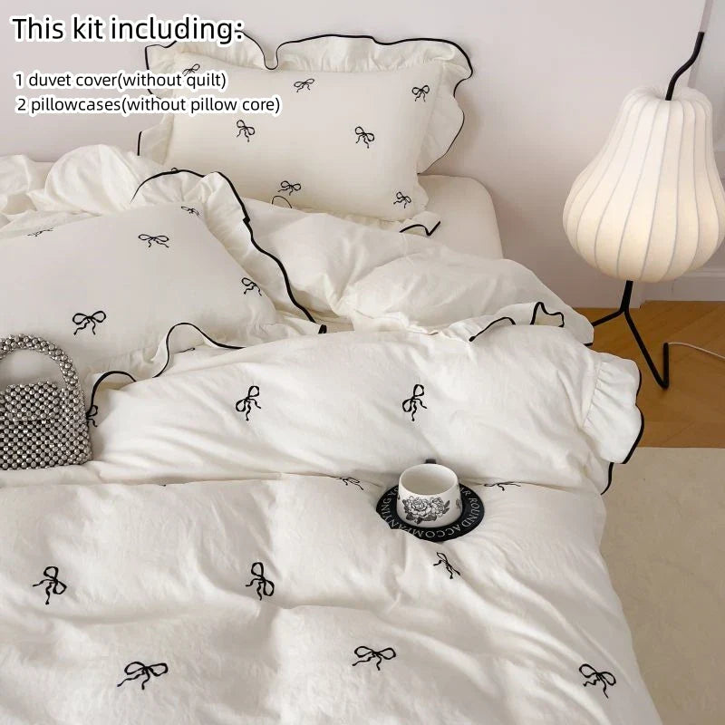 Floral Embroidered Duvet Cover Set 3-Piece (1 Duvet Cover + 2 Pillowcases) - Twill Polyester - Multiple Sizes - White, Pink, Black