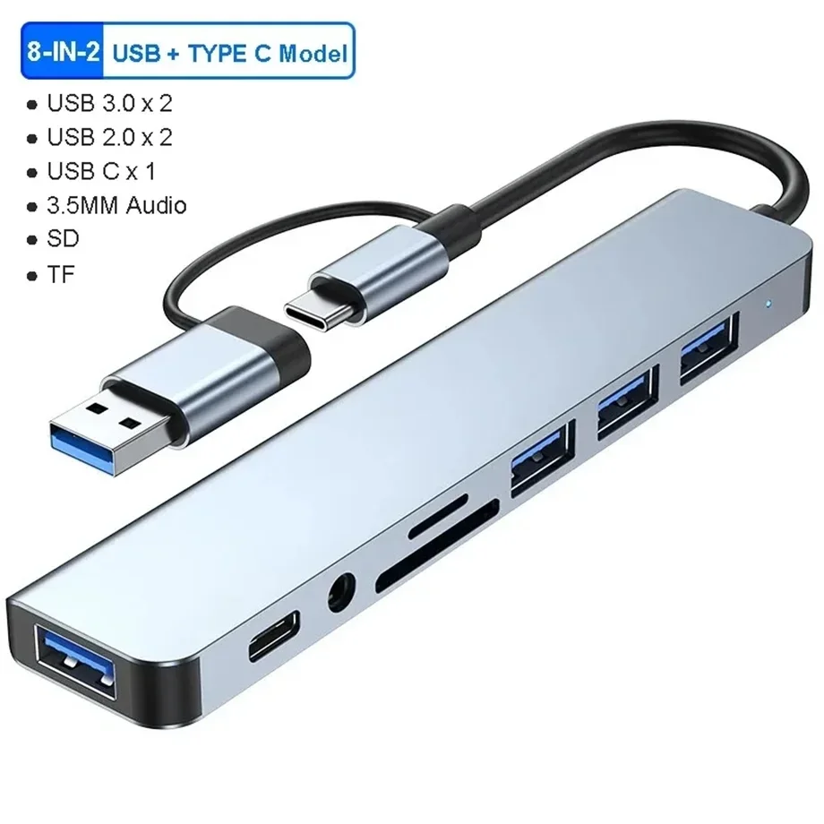 8-in-2 USB-C Hub Docking Station with Micro SD/TF Card Reader, 3.5mm Audio & USB 3.0/2.0 Ports