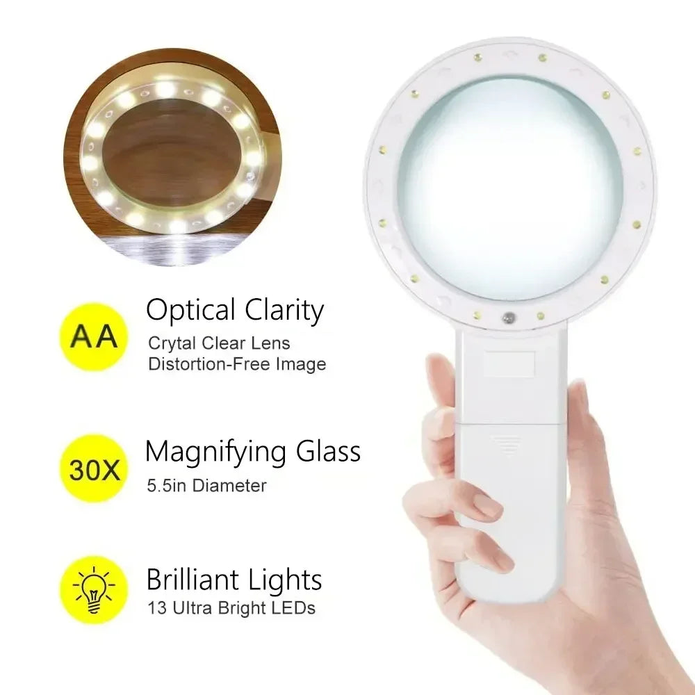 30X Handheld Magnifier with 12 LED Lights, Portable Loupe for Reading, Jewelry & Watch Repair