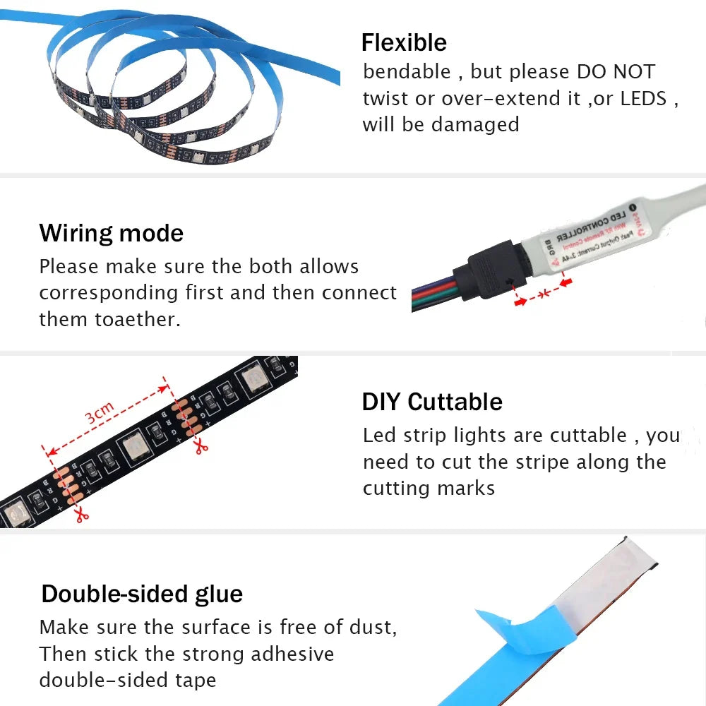 5V 5050 RGB LED Strip Light - Battery/USB Powered 0.5–5m (IP21/IP65) with Remote Control