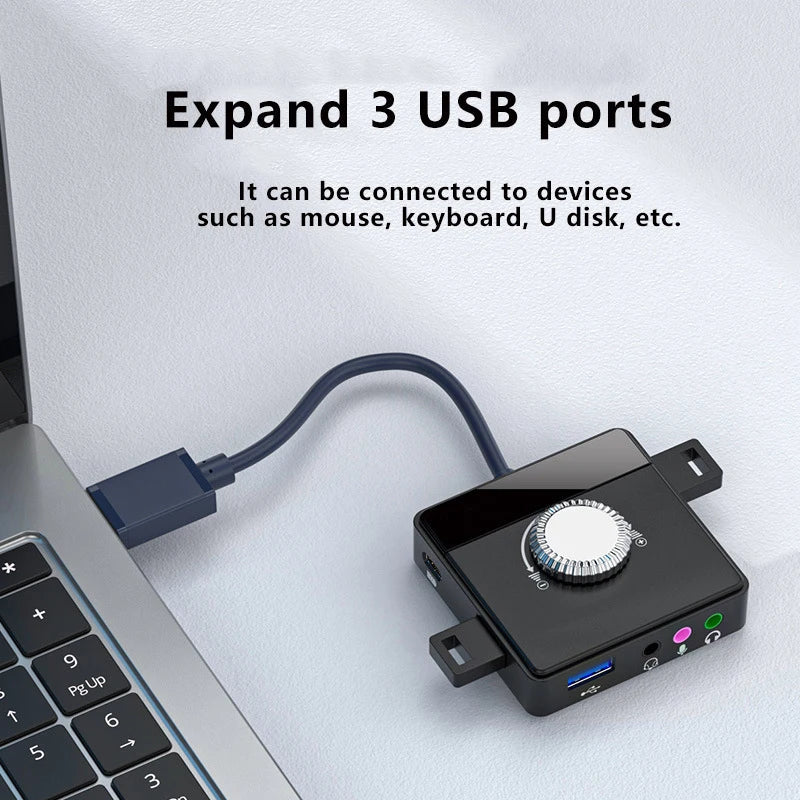 USB External Sound Card with 3-Port USB Hub – Plug-and-Play Audio Adapter for Headset & Microphone, 15Hz–25kHz