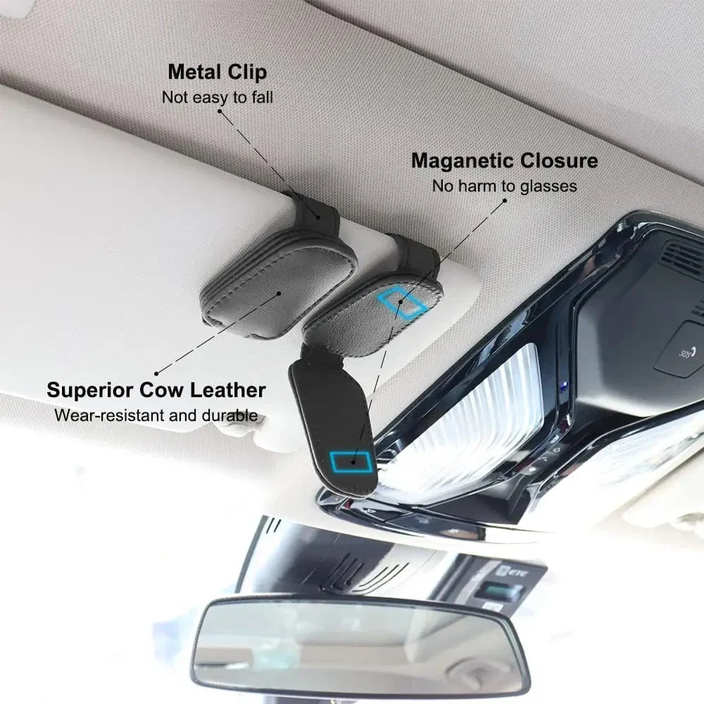 Universal Magnetic Car Sunglasses Holder – Foldable Leather Sun Visor Glasses & Card Ticket Clip