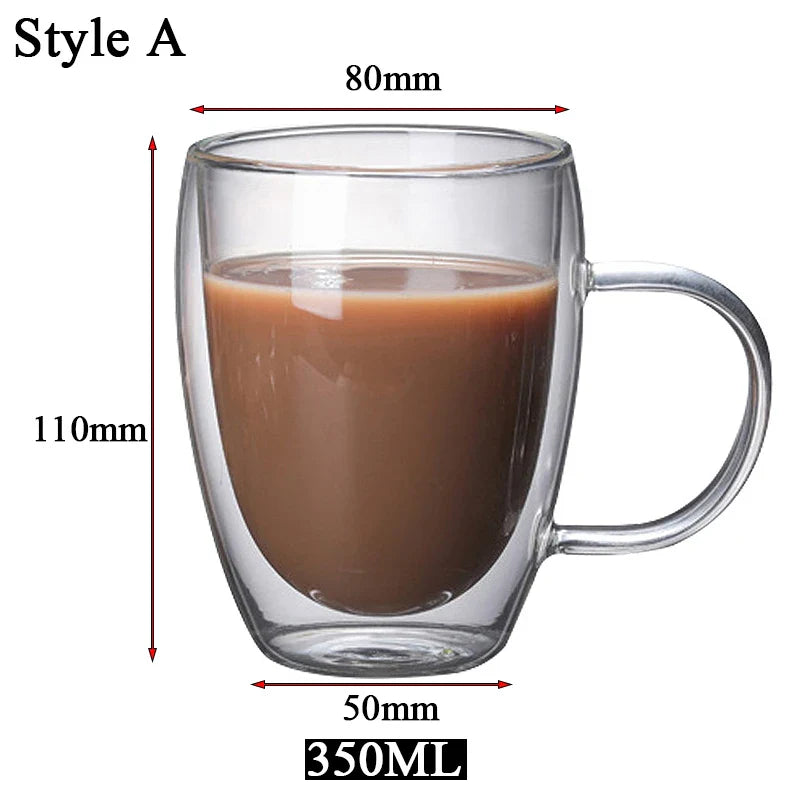 Clear Double Wall Insulated Glass Cups — 5 Sizes | Coffee, Espresso, Tea, Beer & Whiskey Mugs