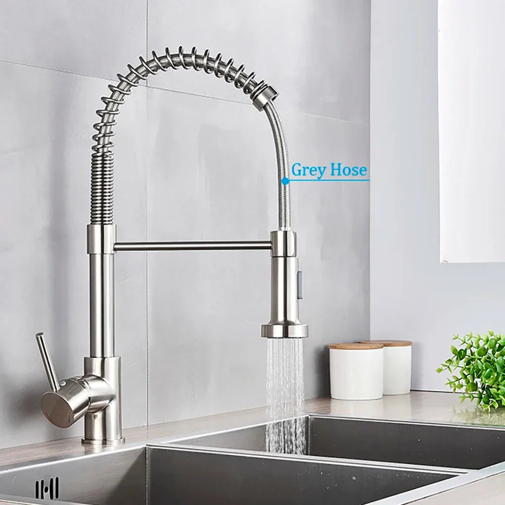 Brushed Nickel Pull-Out Kitchen Faucet — Deck-Mounted Single-Handle 360° Rotating Sprayer, Hot & Cold