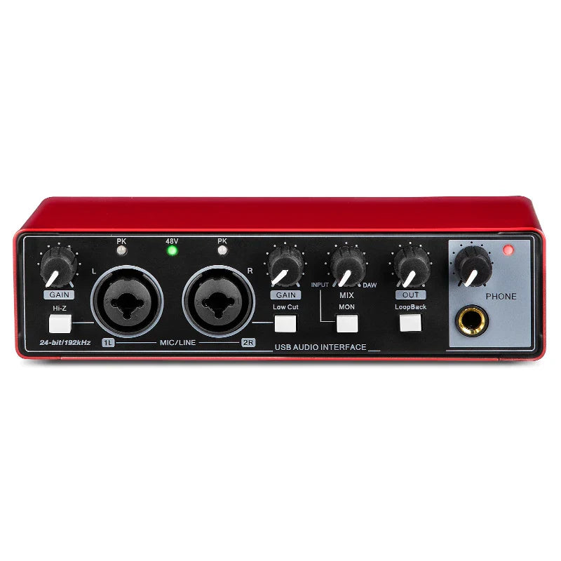 USB Audio Interface 48V Phantom Power 24-bit/192kHz — 2-in/2-out Portable Sound Card with Loopback & Zero-Latency Monitoring for Guitar and Vocal Recording