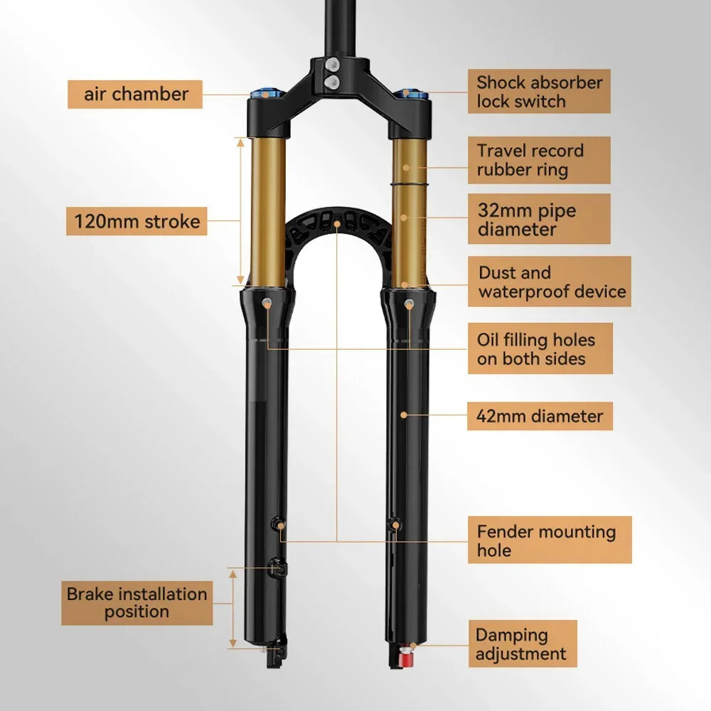 MTB Air Front Suspension Fork 120mm (4.7in) Travel Rebound Adjustable, 26/27.5/29-inch Straight Steerer, 9x100mm Quick Release, Disc Brake Compatible