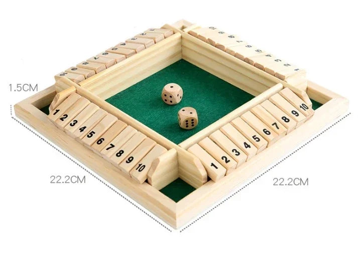 Shut the Box Wooden Dice Game with Flaps — 4-Player Family Educational Math Board Game