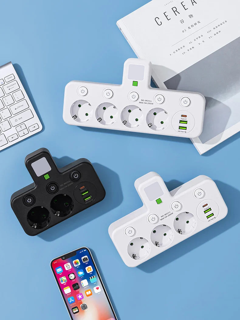 EU 4-Socket Wall Power Adapter with Individual Switches, 2500W Mountable Multi-Outlet (No Extension Cable) USB Option