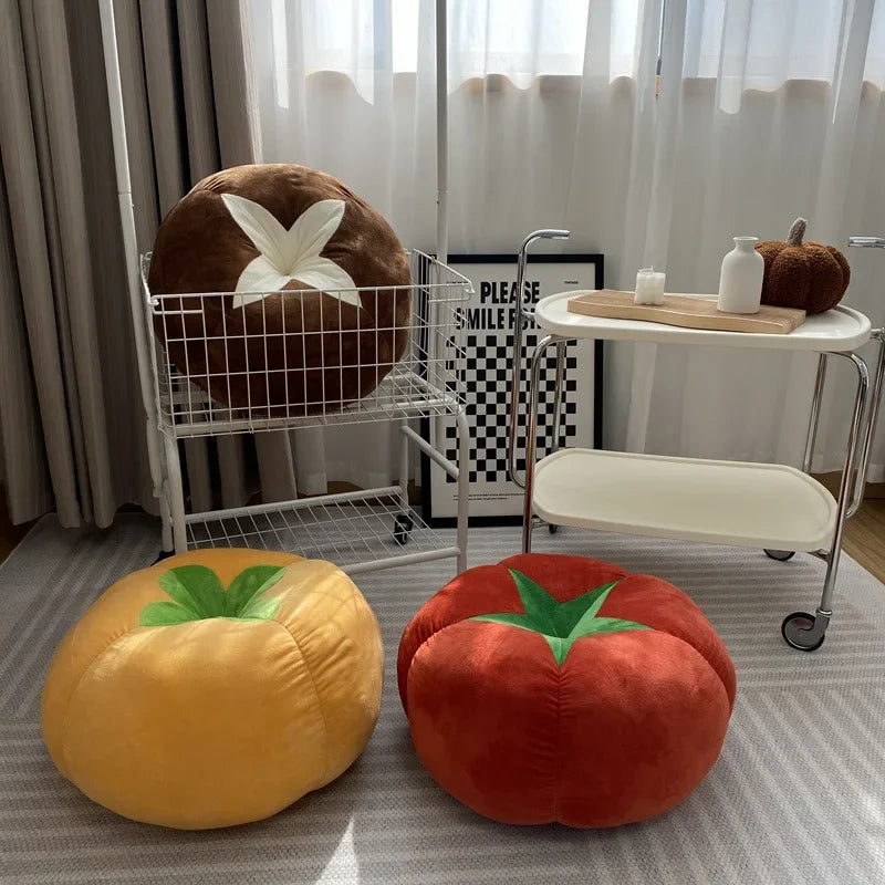 Thickened Round Seat Cushion Plush — Tomato Mushroom Persimmon Vegetable Pillow for Window Seat & Bedroom, Removable & Washable