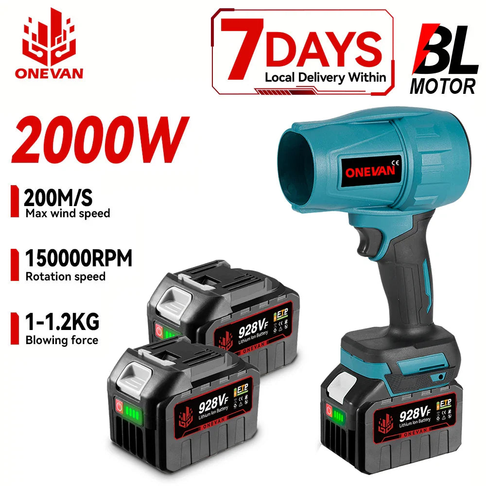 2000W Brushless Cordless Turbo Air Blower - 200 m/s High-Power Jet Fan for Leaves, Snow & Dust, Fits 18V Batteries