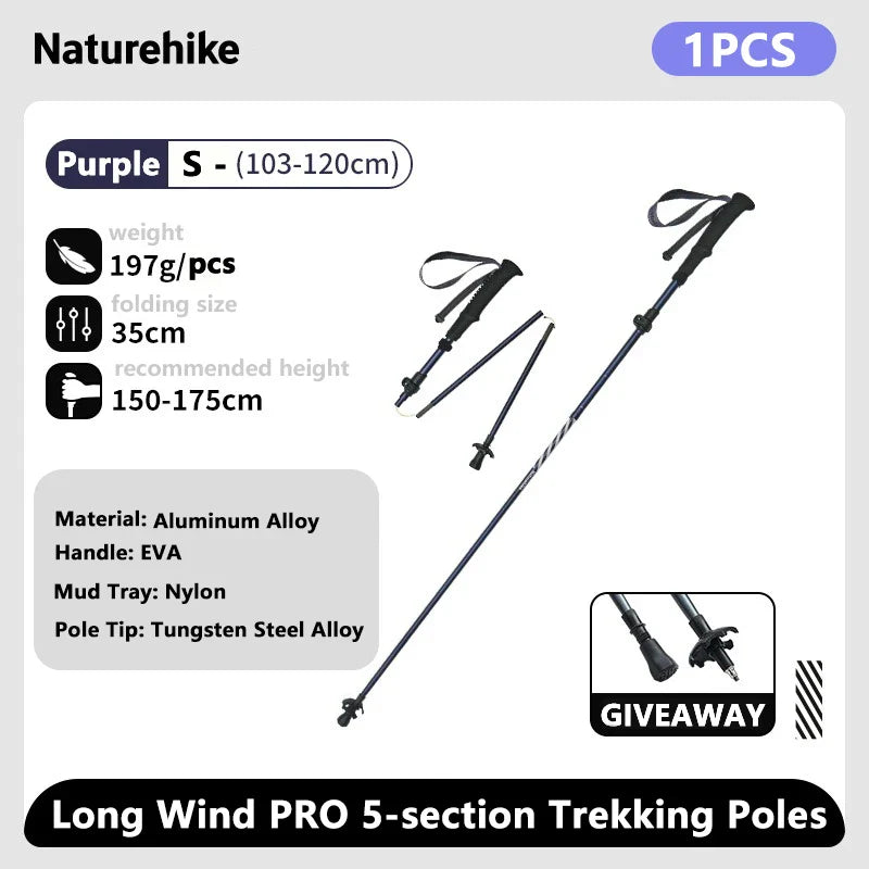 Ultralight Carbon Fiber 5-Section Folding Trekking Poles, Collapsible Quick-Lock Hiking Poles Adjustable 103–120 cm (40.6–47.2 in) or 115–135 cm (45.3–53.2 in)