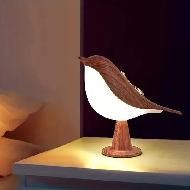 Wood-Effect Bird LED Night Light — Touch Rechargeable Bedside Lamp, 3-Color Dimmable