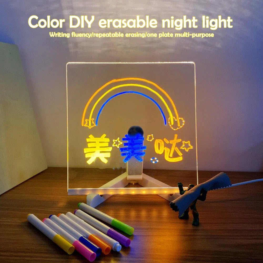 LED Acrylic Message Board with Night Light and 7 Color Pens – DIY Rewritable Kids Drawing & Birthday Gift